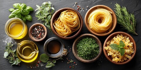Italian culinary background with black wood texture, surrounded by pasta, oil, and herbs, leaving center space blank for text
