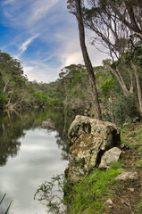 Small lake and walking track with large boulder in the wetlands of Bournda National Park, in the southeast of New South Wales, Australia 
