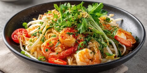 Pad Thai with shrimp, sprouts, and green onions on a concrete background, top view.