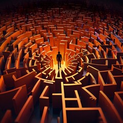 Abstract leadership concept with guiding figure navigating arrows maze in warm tones, symbolizing direction, growth, and innovation in corporate team building and business strategy