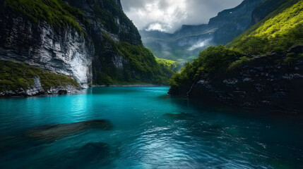 Obraz premium A pristine mountain lake with turquoise water and surrounded by rugged cliffs and vibrant greenery.