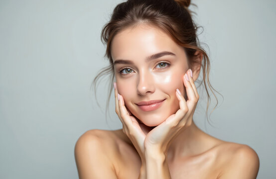 Beautiful young woman shows perfect, fresh skin, healthy radiant face. Female beauty concept, facial treatment, cosmetology, spa, skincare. Portrait of happy girl with clean face, soft skin.