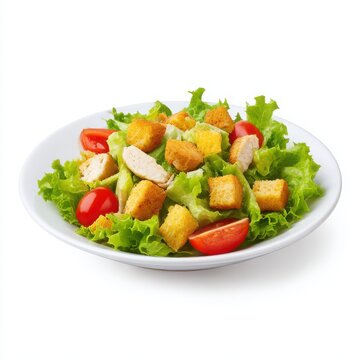 Chicken caesar salad on plate isolated on white background