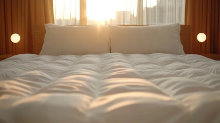 Obraz premium Soft white bedding glows in the golden light of sunrise, creating a tranquil escape