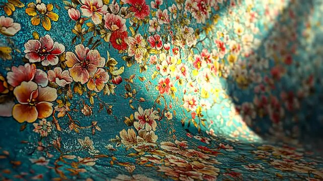 Vibrant floral fabric draping softly, showcasing intricate patterns and colorful blooms