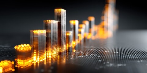 Digital bar graphs representing cash flow growth in a futuristic virtual environment with glowing financial indicators