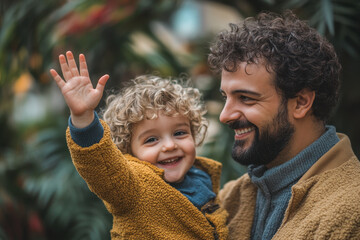 Father and son smiling and waving together.