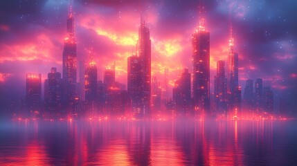 Skyscrapers glow in radiant colors as dusk settles over the tranquil waterscape