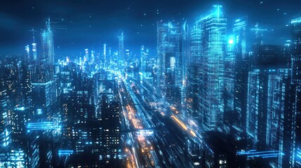 Obraz premium Futuristic cityscape illuminated with bright blue and orange lights at night