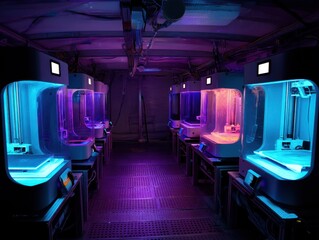 Fototapeta premium Illuminated row of printers displaying a vivid spectrum, symbolizing innovation and the future of technology. Precise crafting showcased.