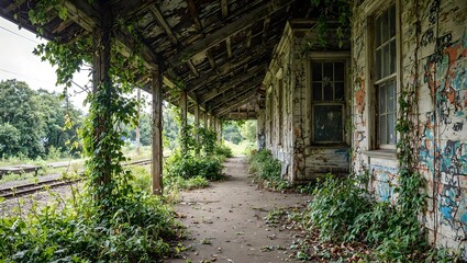 Fototapeta premium Explore the haunting beauty of an abandoned railroad station reclaimed by nature Vines envelop the weathered structure embodying the graceful decay of time