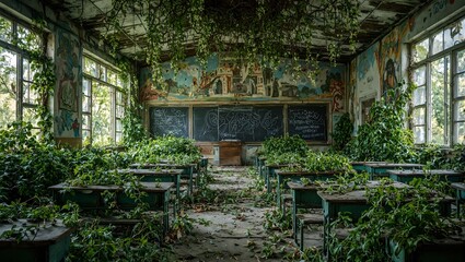 Explore the eerie charm of an abandoned school engulfed by nature where ivy covered walls and forgotten desks tell tales of a bygone era