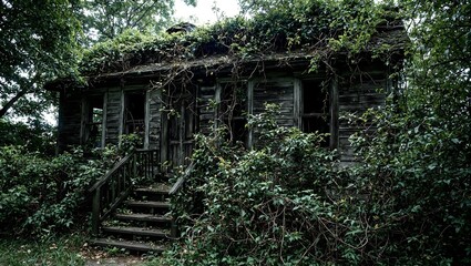 Discover the haunting allure of an abandoned colonial house engulfed by natures grasp Faded charm meets creeping ivy in this poignant scene