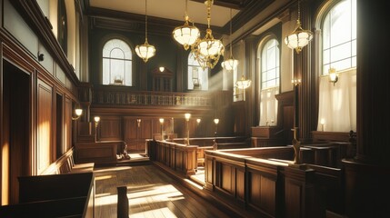 Historic courtroom with high ceilings, elegant chandeliers, judge's bench, jury box with wood paneling