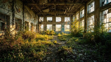 Explore the haunting beauty of an abandoned school shattered windows weathered walls entwined with nature bathed in nostalgic golden light