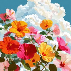 Hibiscus flowers with clouds painting isolated on white background