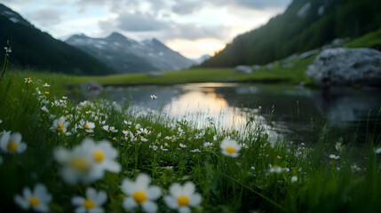 A quiet alpine meadow with wildflowers in bloom and a calm river flowing through it.