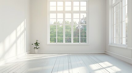 Fototapeta premium Bright, sunlit empty room with white walls, large paned windows revealing greenery, and a light wooden floor casting long shadows. Minimalist interior concept. 
