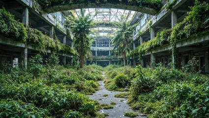 Fototapeta premium Explore the haunting beauty of nature reclaiming an abandoned shopping mall Shattered windows empty corridors and overgrown ferns tell the story of urban decay