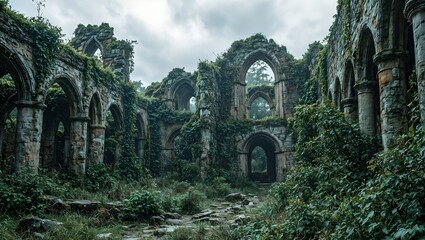 Discover the haunting beauty of an ancient monastery in ruins adorned with ivy and history under dramatic stormy skies