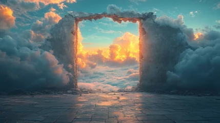 An ethereal portal emerges from clouds, bathed in warm sunset hues and exuding magic