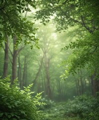 Obraz premium Soft, blurry green leaves create an ethereal, out-of-focus forest backdrop , photo, soft