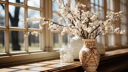 Vases with flowers on a window sill indoors
