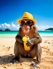Fototapeta premium Monkey on the beach with sunglasses on, and a yellow hat on, relaxing in the sand with a cold drink.