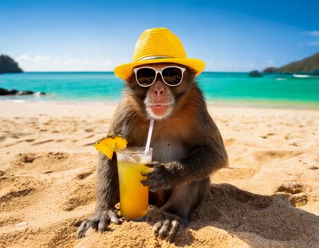 Monkey on the beach with sunglasses on, and a yellow hat on, relaxing in the sand with a cold drink.