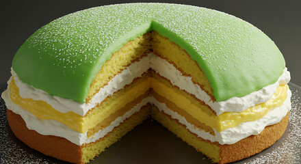 Traditional Swedish Princess Cake with Whipped Cream and Powdered Sugar