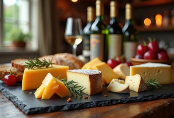 artisan cheese wine bottle collection displayed slate surface gourmet tasting experience, creamery, brie, cheddar, basket, kitchen, platter, appetizer