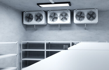 Refrigeration warehouse for food. Metal shelves frozen foods