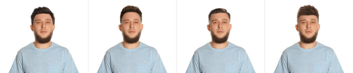 Fototapeta premium Man with different hairstyles on white background, collage of portraits