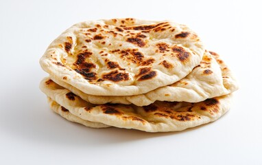 A stack of three golden-brown naan breads on a white background. The breads are slightly charred on the edges, suggesting they are freshly baked. The image is simple and clean, focusing on the