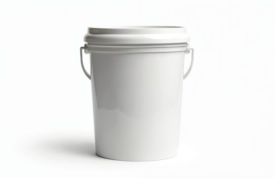 White plastic bucket container, isolated on white background. Food storage jar, blank pail with handle, lid. Perfect for showcasing packaging, mockups, product presentation.