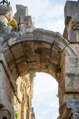 Fototapeta premium Ruins Myra Ancient City in Demre to Antalya, archaeology landmarks of Turkey. Remains of theatre in Myra, Greco-Roman ancient city in Antalya, Turkey.