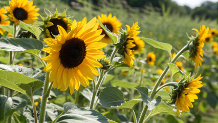 Obraz premium Field of yellow sunflower flowers against a background of clouds. Sunflower sways in the wind. Beautiful fields with sunflowers in the summer in rays of bright sun. Crop of crops ripening in field