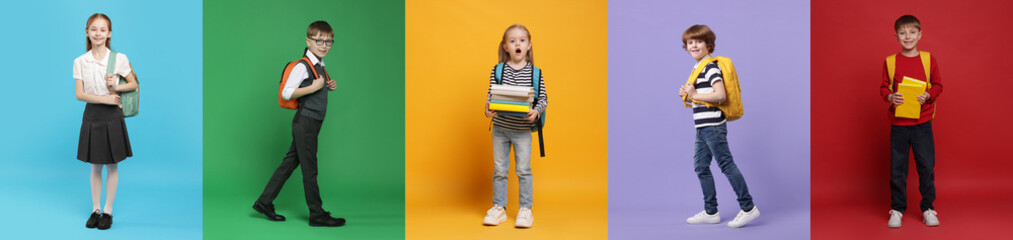 Cute school children with backpacks on different color backgrounds. Back to school. Collage of photos