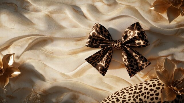 Leopard Print Bow on Silky Fabric with Golden Accents