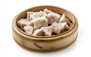 Bamboo Steamer with Steamed Dumplings Isolated On White Background.