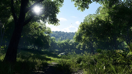 Pixelated Forest Path Under Sunlight