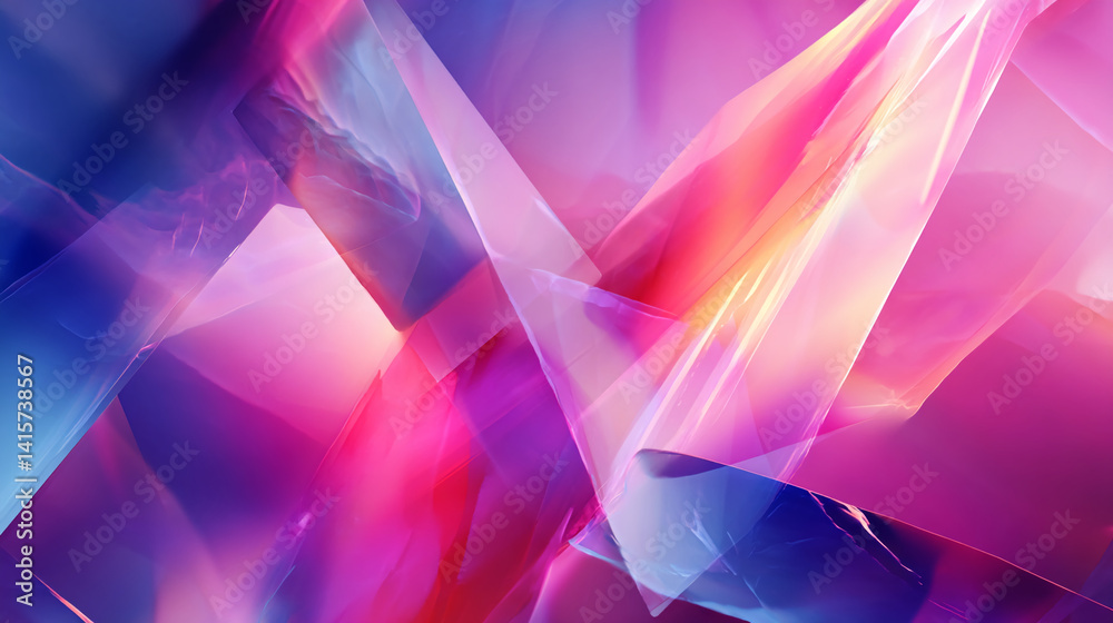 Poster abstract image of pink, purple, and blue translucent shapes, overlapping and creating depth, showcas