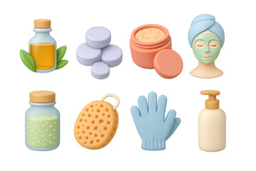 Spa and skincare 3d icons set: oils, masks, and accessories for relaxation