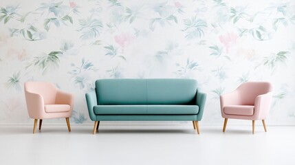 Fototapeta premium Pastel Living Room with Floral Wallpaper