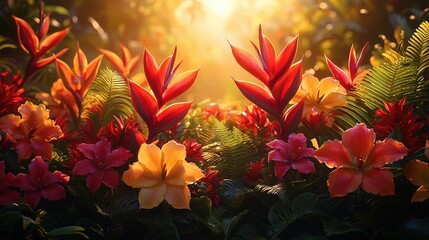 Vibrant tropical flowers at sunrise: capturing the beauty of nature's colorful blooms and lush foliage