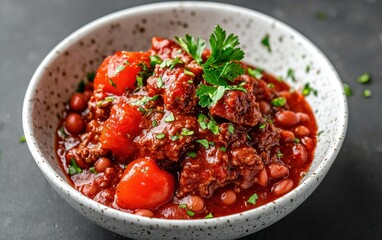Spicy chili con carne stew in a white bowl, garnished with fresh parsley.  The stew is rich red and contains visible chunks of meat and beans.  Close-up shot on a dark background