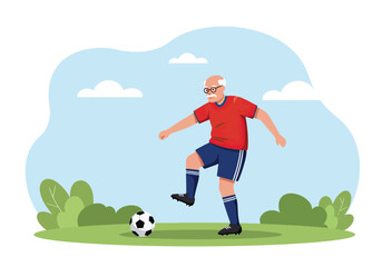 Active senior man playing soccer outdoors on a field. Healthy lifestyle and sport in old age concept