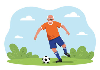Active senior man playing soccer outdoors on a field. Healthy lifestyle and sport in old age concept