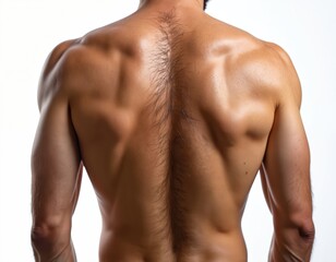 Fototapeta premium Close-up shot of young man hairy back isolated on white background. Muscular body skin texture. Dorsal view. Back hair growth, chest and shoulder area. Virility, depilation, epilation concept.