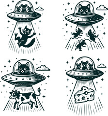 set of funny illustrations cats mice and cow ufo cheese kidnap vector © Dmytro